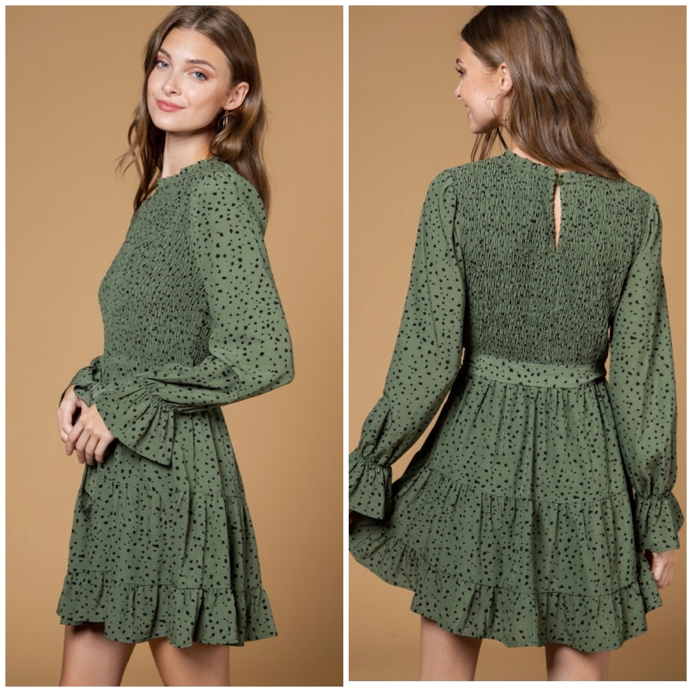 FEW LEFT❗️NEW IN By Very J Olive Ditzy Dots Long Sleeves Short Dress - Picture 4 of 14